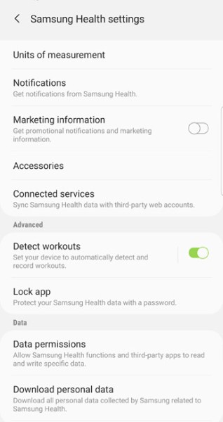 settings menu of samsung health